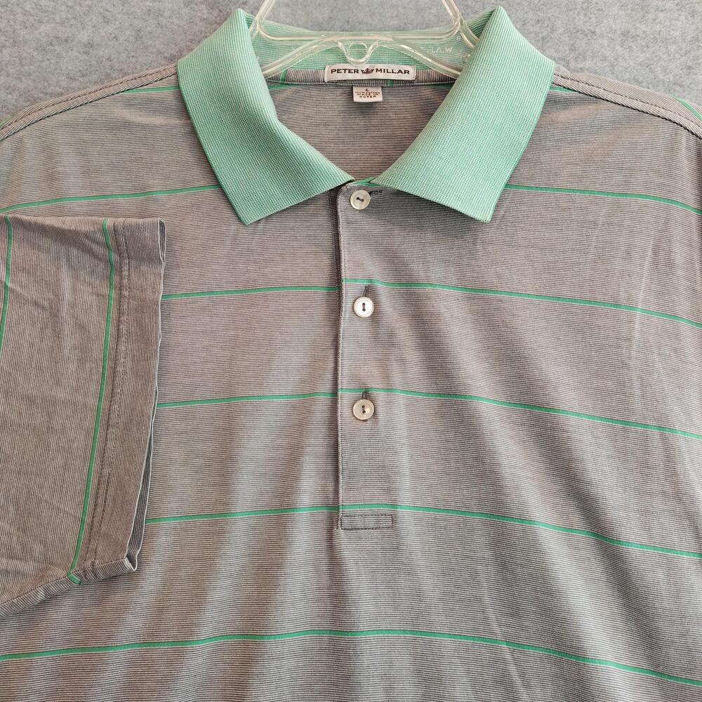 Peter Millar Polo Shirt Mens Large Gray Green Striped Golf Short Sleeve Casual